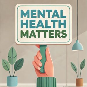 Hand, die Schild hält, auf dem steht: Mental Health matters.