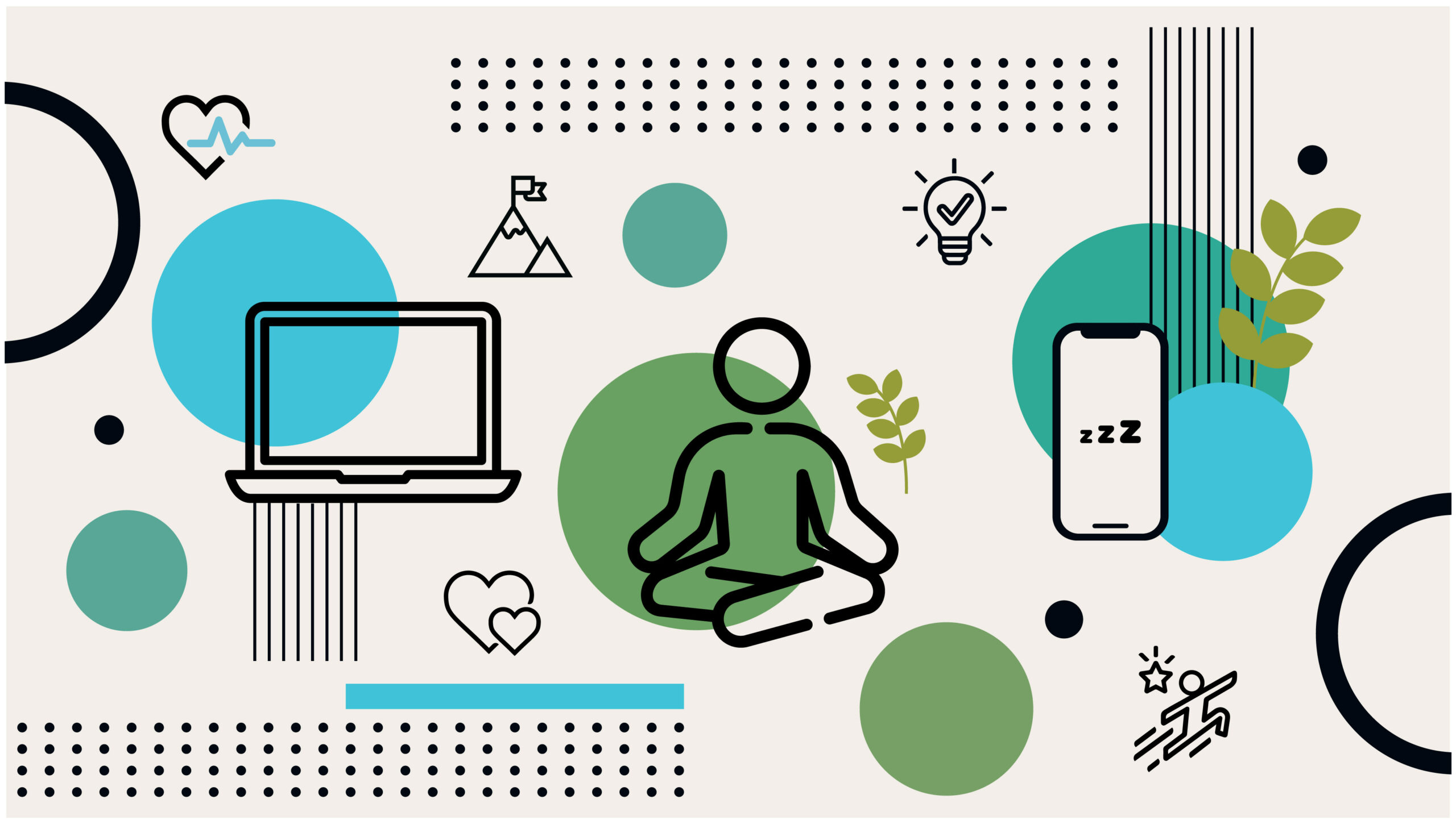 Illustration zeigt verschiedene Symbole wie Mensch beim Yoga, Laptop und Handy