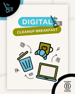 designtes Poster mit Aufschrift Digital Cleanup-Breakfast und Icons wie einem Mülleimer, einem Laptop und Croissant und Kaffeetasse.